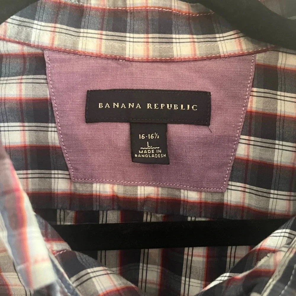 Banana Republic Mens Large 16-16.5 Plaid Button Down‎ Shirt Navy Red White